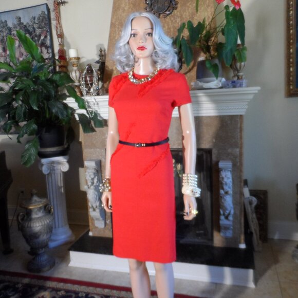 Altuzarra Vibrant Red Sheath Dress w/Asymetrical Fringe Detail Sise FR 36- US 4 - Picture 4 of 16